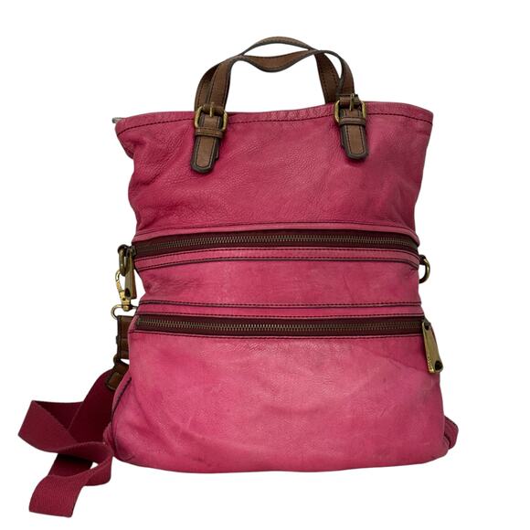 Fossil Explorer Messenger Bag Pink Fold Over Crossbody Leather Tote Womens Large